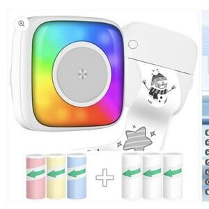Lebt Mini Thermal Printer Sticker Print Light Up Colorful With 6 Rolls White